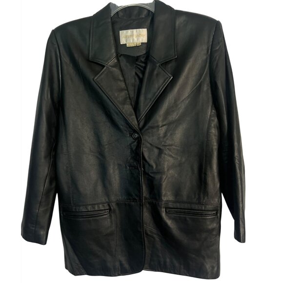 Margaret Godfrey Womens Black Leather Blazer Jacket 12P - Picture 1 of 9